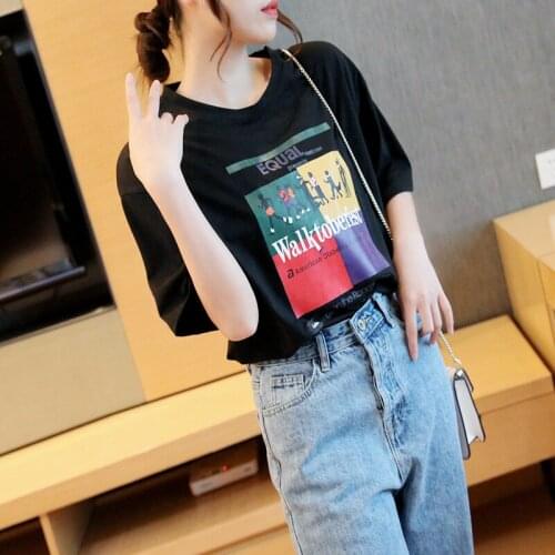 High Quality 100% Cotton 2020 Summer Harajuku Shirt Women Loose Gray Black Tshirts Cotton Women Print Funny T Shirts Top Women