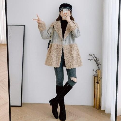 High Quality 100% Genuine Wool Fur Coat Koeran Female Jacket Oversized Fashion Denim Womens Coats Vetement Femme Zjt1428