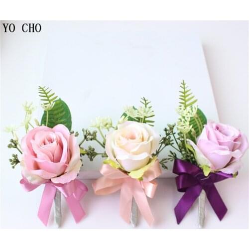 YO CHO Boutonniere Artificial Flower Silk Rose Wedding Bride Wrist Corsages Girl Bracelet Groom Brooch Pins Wedding Boutonnieres