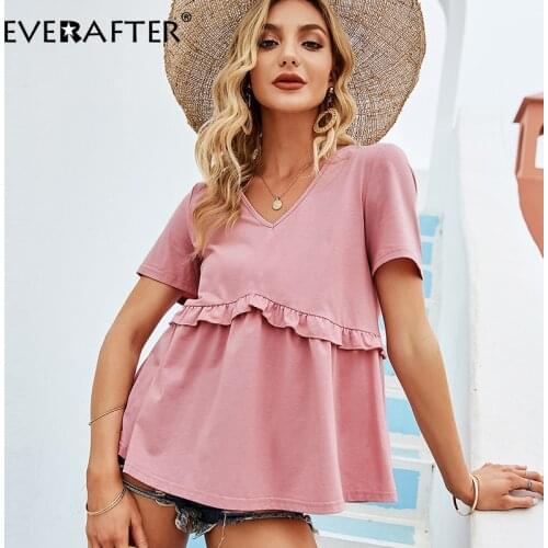 EVERAFTER Casual Solid V-neck Ruffled Women Blouse Summer Elegant Short Sleeve Fashion Pink Blouse Female Office Lady Tops 2021