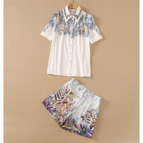 European and American womens wear for summer 2021 Short sleeved bird print lapel shirt Plant-printed shorts Fashion suits