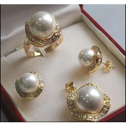 Womens Wedding > >1Set AAA 10mm &14mm White South sea Shell Pearl Earrings Necklace Ring Set A01 Ms.-jewelry earrings