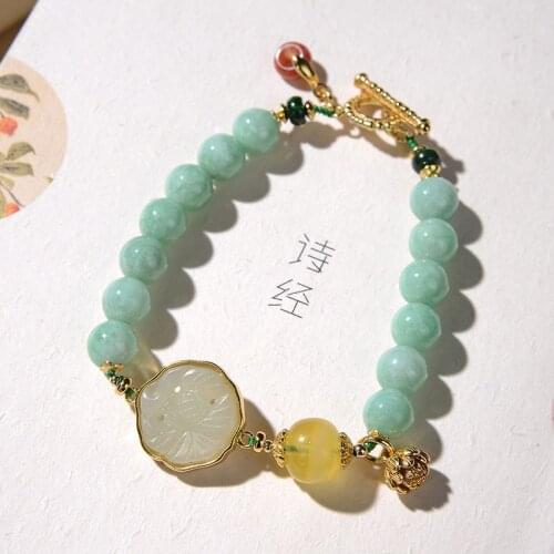 S925 sterling silver gold plated Hetian jade Emerald Southern red agate Amber beeswax Retro Lotus Ladies Bracelet