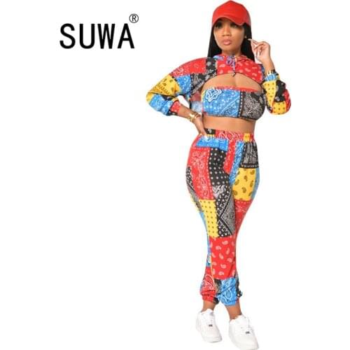 Women 3 Piece Outfits Long Sleeve Short Coats Jacket + Tank Vest + High Waist Pants Vintage Casual Print Sexy Club Matching Sets