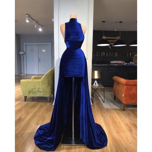 Royal Blue High Low Velvet Prom Dress 2021 A Line High Neckline Evening Formal Party Gowns robes de soirée