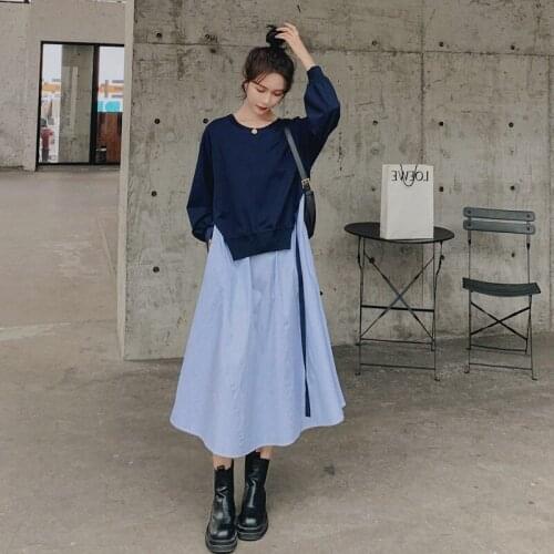 2021 Women Dress New Spring Sutumn False Two-piece Sweaters Skirt Irregular Stitching Blue Striped Casual Dress