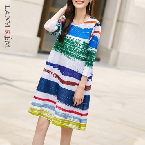LANMREM Print Pleated Dress Loose Casual Wrist Sleeve Striped Stitching Color Dresses Ladies Fashion Clothing 2D3936