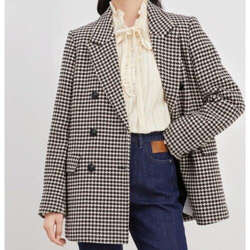 Houndstooth Jacket Womens Woolen Coat Houndstooth Suit Jacket Ladies 2021 Spring Korean Loose Retro British Style Windbreaker