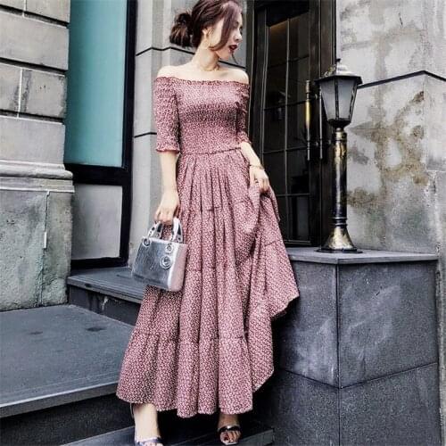Floral Print Summer Dress Women Vintage Slash Neck Long Maxi Dress Ruffles Short Sleeve Party Dress Big Swing Retro Elegant A792