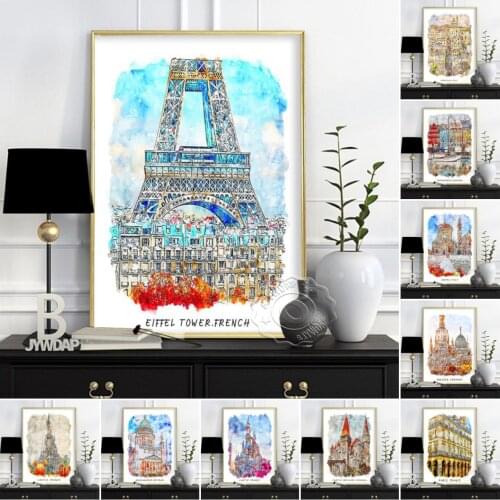 Watercolor City Poster, Denmark Italy Print Art, France Paris Tower Scenery, World Travel City Wall Decor, Canvas Wall Stickers