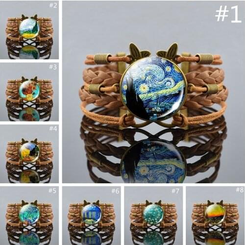 Retro Brown Bracelet Van Gogh Starry Night Painting Bracelet Sunflower Tibet Glass Cabochon Bracelet for Men Women Jewelry