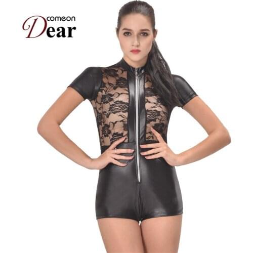 Comeondear Women Sexy Lingerie Transparent Romper Shorts Jumpsuit Zipper Overall Wet Look Floral Lace Bodysuit Plus Size RA80314