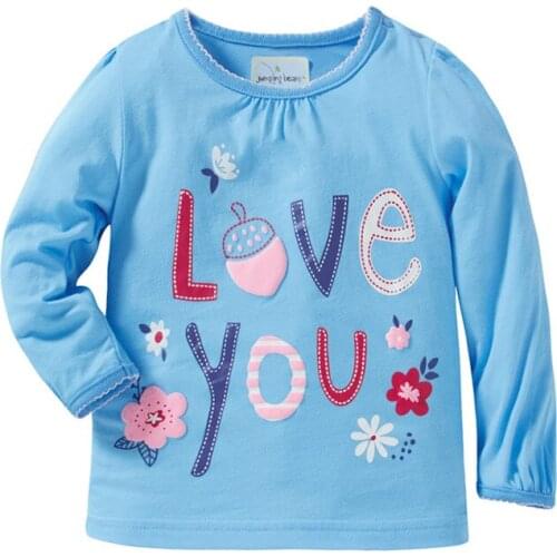 2-7 Years Spring Autumn Girls T-Shirt 100% Cotton Little flower Decoration Blue Shirt Girls Full Sleeve T-shirts