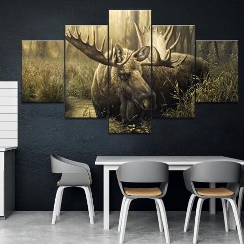Home Decor Printed Modern Canvas Living Room Frame HD Pictures 5 Panel Moose Canvas Landscape Modular Painting Wall Poster