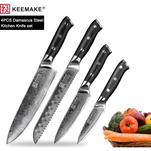 KEEMAKE Premium Chef Bread Paring Utility Knife Damascus Japanese VG10 Steel Sharp Blade G10 Handle 4PCS Kitchen Knives Set