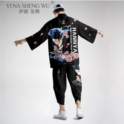 New Men Japanese Fashion Printed Coat And Pants Kimono Cardigan Style Yukata Men Haori Japanese BlackTraditional Japan Clothing