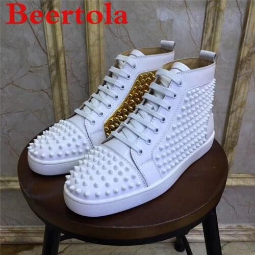 High Top Sneakers Men White Gold Spikes Mens Flats Shoes Casual Style Round Toe Tenis Masculine New Brand Designers Chaussures