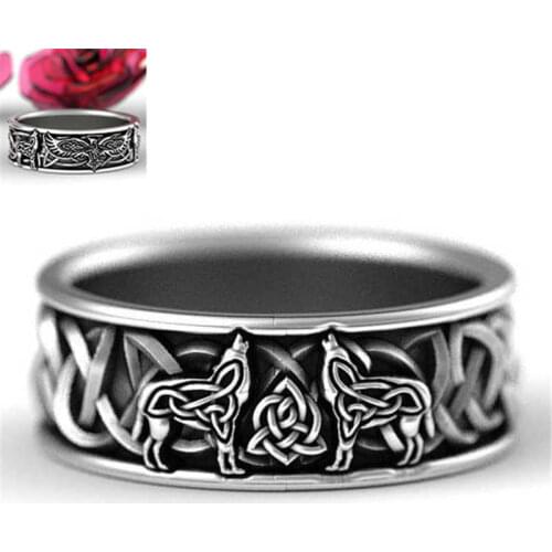 Fashion new mens two wolf personality animal pattern ring retro animal horse jewelry size 6-13