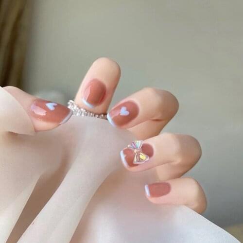 French Style False Nail Pink Blue Border Aurora Bow Wearing Manicure Fake Nails Detachable Short Nail Patch