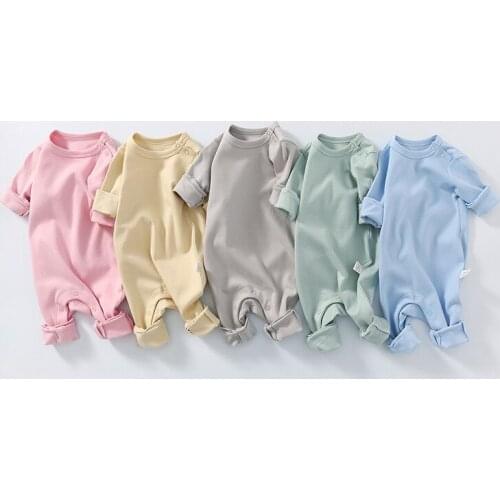 Spring Autumn New Baby Clothes Toddler Pure Cotton Romper Boys Girls Long Sleeve Solid O Neck Jumpsuits For Newborn 0-24M