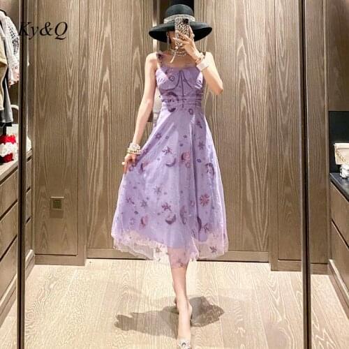 2020 New Sexy Women Summer Sling Dress Purple Mesh Chiffion Sleeveless Slim A-line Long Dress Vestidos Party Clothes