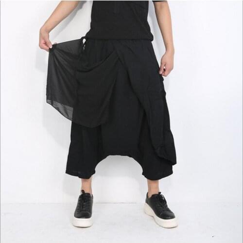 New Harem Pants Men Fashion Loose Solid Color Casual Capris Patchwork Personality Black Harem Pants Singer Stage Dancing Pants