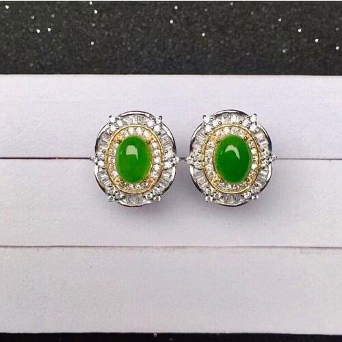 Chinese Green Jade Stud Earrings for Daily Wear 6mm*8mm Natural Jade Earrings Solid 925 Silver Jade Jewelry