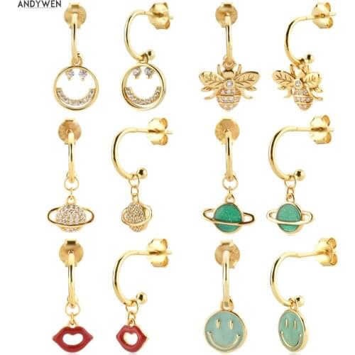 ANDYWEN 925 Sterling Silver Gold Circle Bee Zircon Smily Face Green Saturn Drop Earring Shiny Planet Piercing Pendiente Jewelry