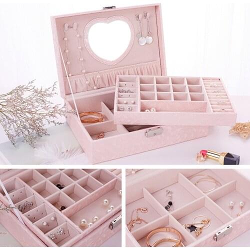 Jewelry Box Dual-Layer PU Leather Earrings Rings Necklaces Storage Organizer Case with Lock Makeup Mirror for Women Girls