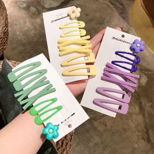 Q 7Pcs Korean Style Solid Color Flower Hair Clips For Female Girls Hairpins Hairgrip Snap Button Headwear Lady Barrette Stick