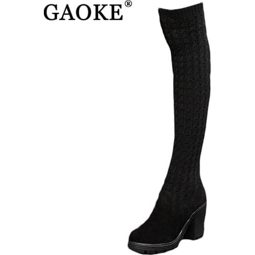 Knitted Warm Winter Women Shoes Sexy Snow Boots Women Knee High Boots Elastic Slim Thigh High Heel Black Boots