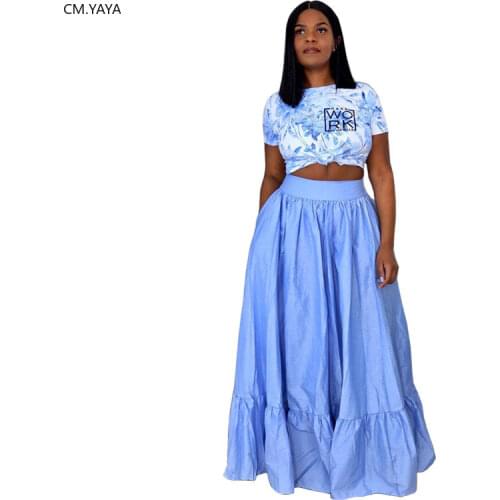 CM.YAYA Women Tie Dye Print Tee Tops Big Swing Maxi Skirts Tracksuit Classic Matching Set Long Dresses