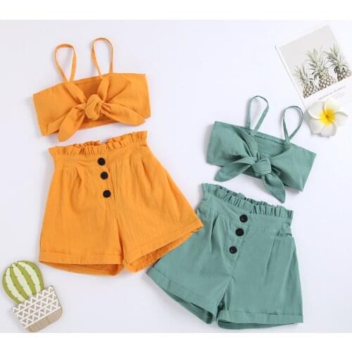 1-6Y Summer Fashion Kids Girls Clothes Sets 2pcs Solid Strap Sleeveless Bowknot Vest Tops High Waist Shorts