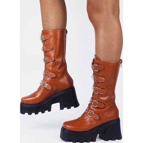 2021 New Brand Design Black Brown Big Size 35-43 Cool Punk Motorcycles Boots Female Platform High Heels Calf Boots Women Shoes