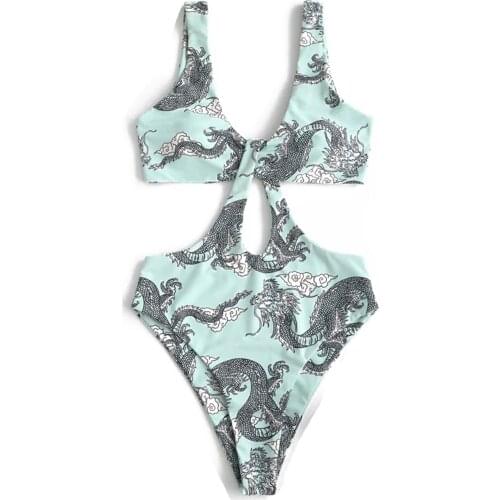 Women Hollow Out Swimsuit, Bikini Romper, Backless Off-Shoulder No-Sleeve Chinese Loong Printed Beachwear