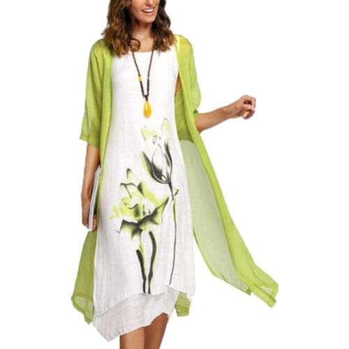 2Pcs/Set Vintage Flower Ink Painting Women Sleeveless Kaftan Dress with Cardigan Casual Women Long Female Tunic Vintage Dress