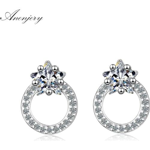 ANENJERY 925 Sterling Silver Mosaic Zircon Star Circle Earrings For Women Earrings oorbellen pendientes S-E768