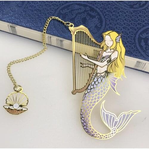 Harp Mermaid Brass Pagination Mark Vintage Hollow Metal Bookmark Creative Gifts Retro Art Presents School Office Supplies