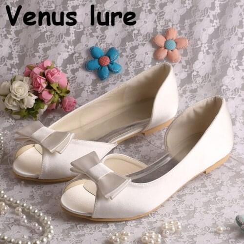 Off white Satin Wedding Flats Peep Toe Bow Summer Shoes for Bride