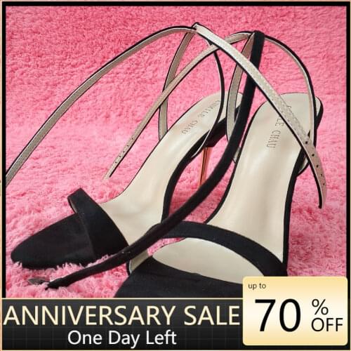 Women Stiletto Thin Iron High Heel Sandals Sexy Ankle Strap Buckle Open Toe Black Suede Party Bridals Ball Lady Shoes 3845-i5