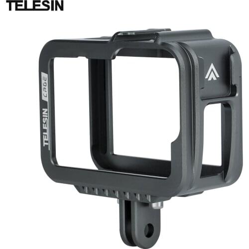 TELESIN Aluminum Alloy Camera Cage with Double Cold Shoes Mount Replacement for GoPro 9 Action Camera Accessaries