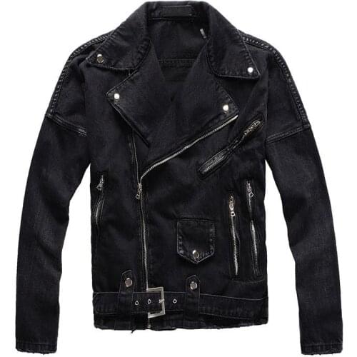 Streetwear Solid Color Zippers Denim Jeans Jacket Men Fashion Black Motor Biker Punk Jacket Jaqueta Jeans Masculina Big Size