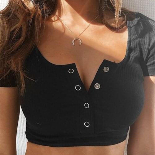 GGRIGHT V Neck Black Short Sleeve Knit Crop Top Women Summer Button Casual T Shirt Basic Streetwear Ladies Sexy Shirts Ribber