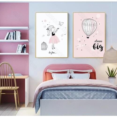 Canvas Painting Poster Cartoon Little Girl with White Pigeon Letters Big Dream Enjoy Little Things for Girls Rooms Wall Decorati