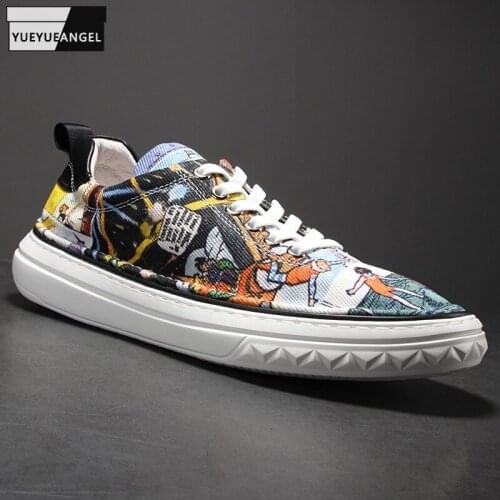 High Street Mens Cartoon Printed Canvas Shoes Fashion Floral Lace Up Low Cut Flat Sneakers Man Joggers Trainers Casual Shoes