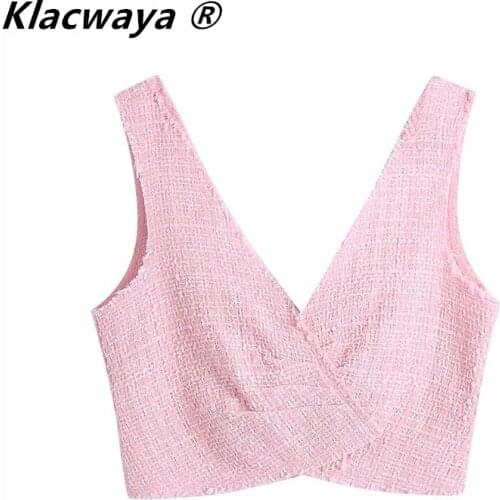 Klacwaya Women 2021 Fashion V Neck Texture Tweed Short Vest Blouse Female Chic Casual Pleat Design Shirt Crop Blusas Summer Tops