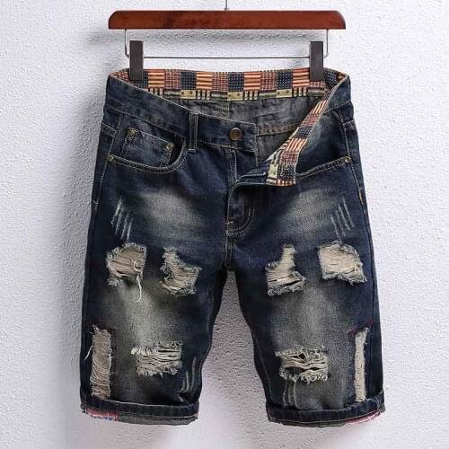 Mcikkny Fashion Mens Ripped Holes Denim Shorts Classic Summer Pleated Short Jeans For Male Washed Size 28-40