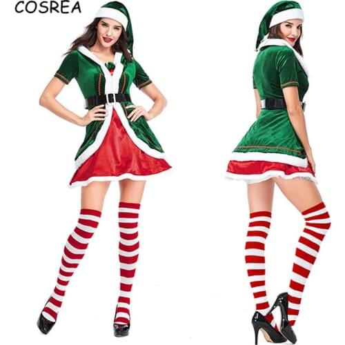 2018 New Green Santa Claus Hat Stockings Christmas Father Christmas Elf Dress Girls Gift Uniform Halloween Costume Men Women