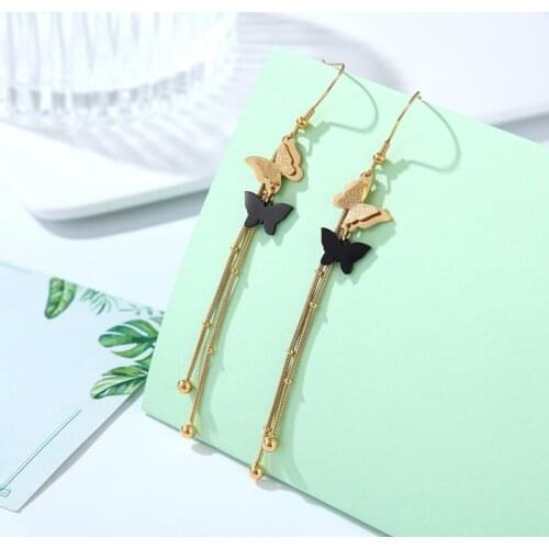 New Ear Hook Frosted Butterfly Tassel Earrings Fashion Wild Woman Earring Accessories Titanium Steel Jewelry Wholesale