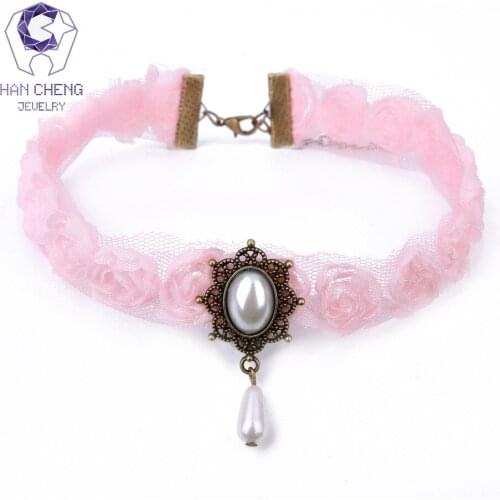 HanCheng New Fashion Lace Flower Gauze Vintage Carved Pearl Pendant Choker Necklace Women Necklaces Ribbon collar jewelry bijoux